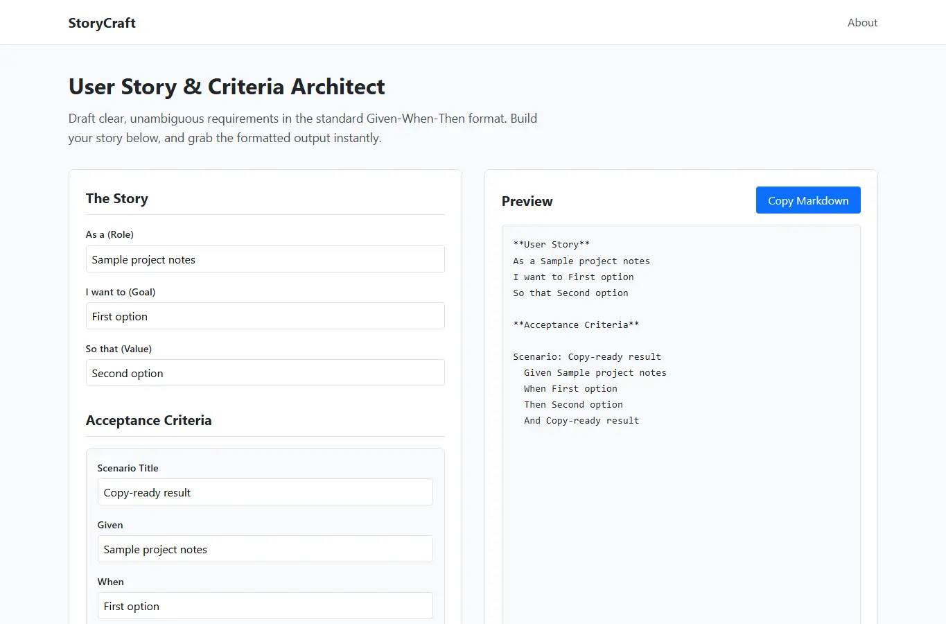 Screenshot of StoryCraft interface showing the project page in use
